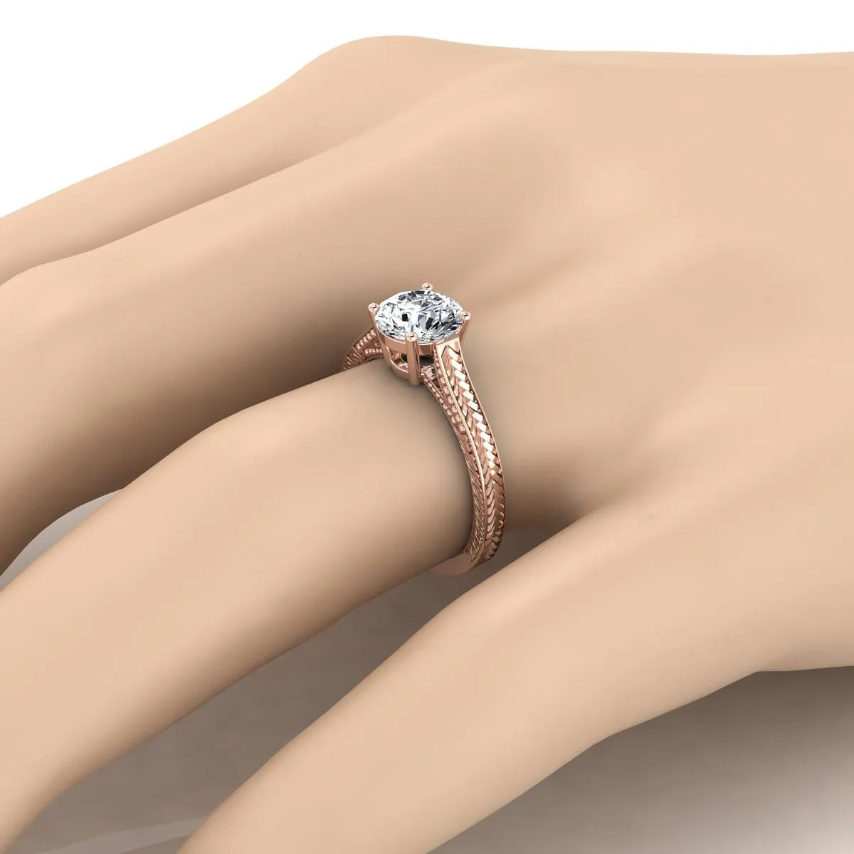 14K Rose Gold Round Brilliant Amethyst Hand Engraved Vintage Cathedral Style Solitaire Engagement Ring