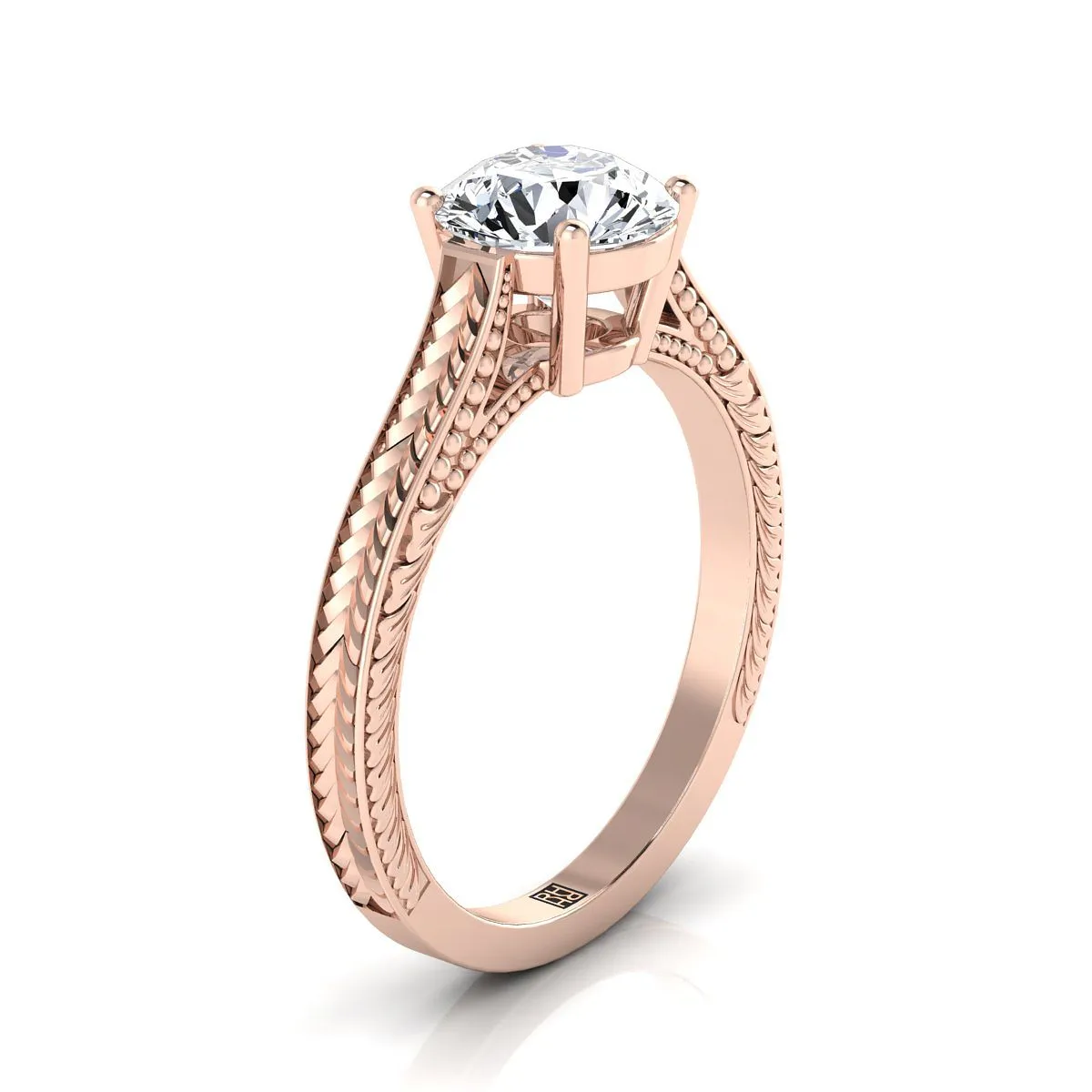 14K Rose Gold Round Brilliant Amethyst Hand Engraved Vintage Cathedral Style Solitaire Engagement Ring