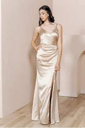 B4154 - V-Neck Spaghetti Straps Ruched Sheath Long Bridesmaid Dress