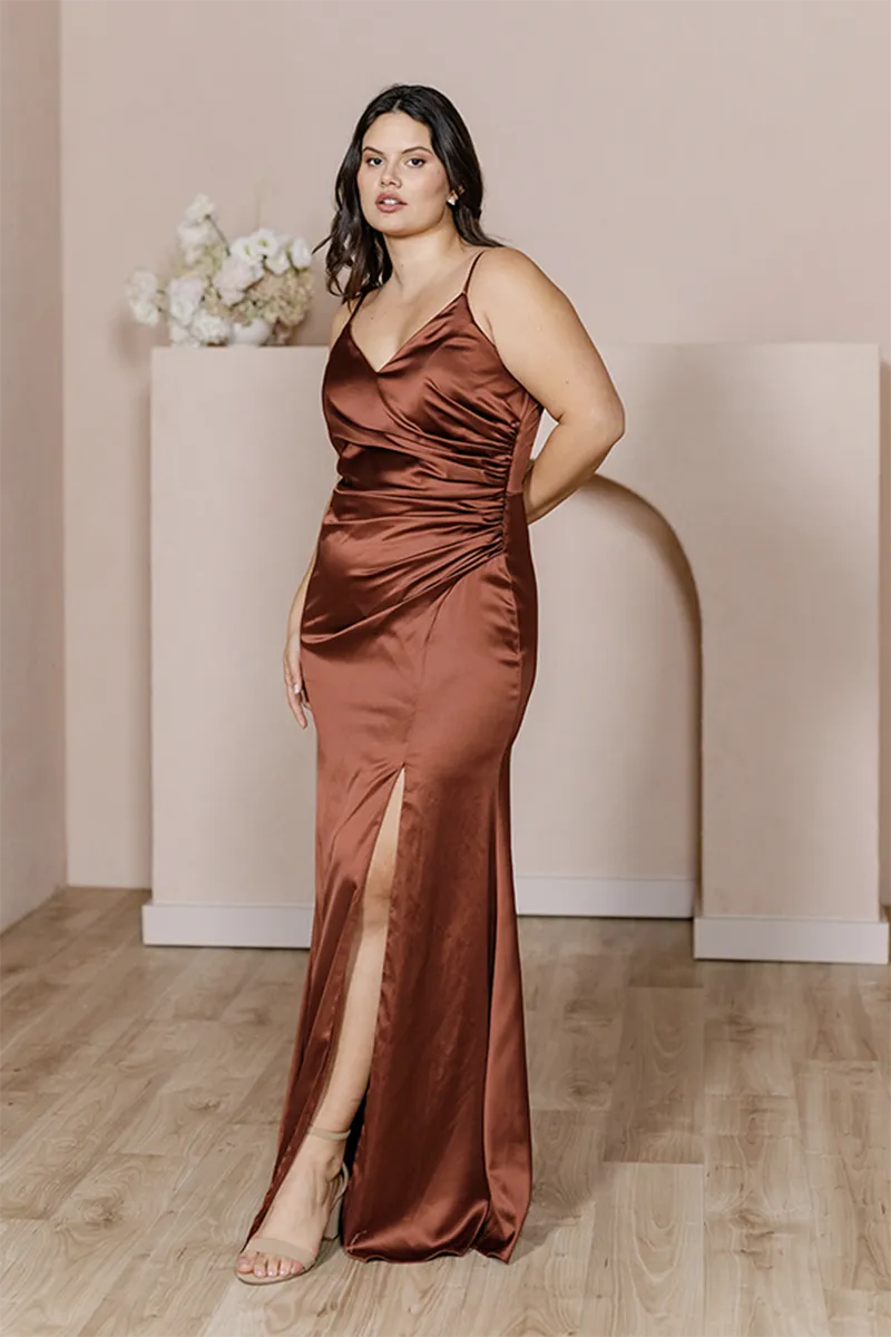 B4154 - V-Neck Spaghetti Straps Ruched Sheath Long Bridesmaid Dress