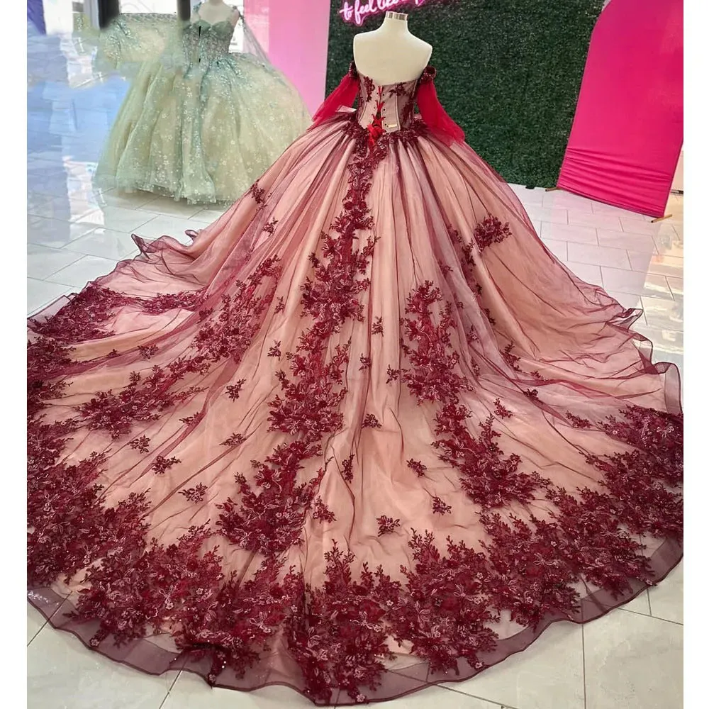 Ball Gown Off Shoulder Long Sleeves Beaded 3D Flower Lace Appliques Burgundy Tulle Princess Birthday Party Gown Quinceanera Dress For Sweet 16