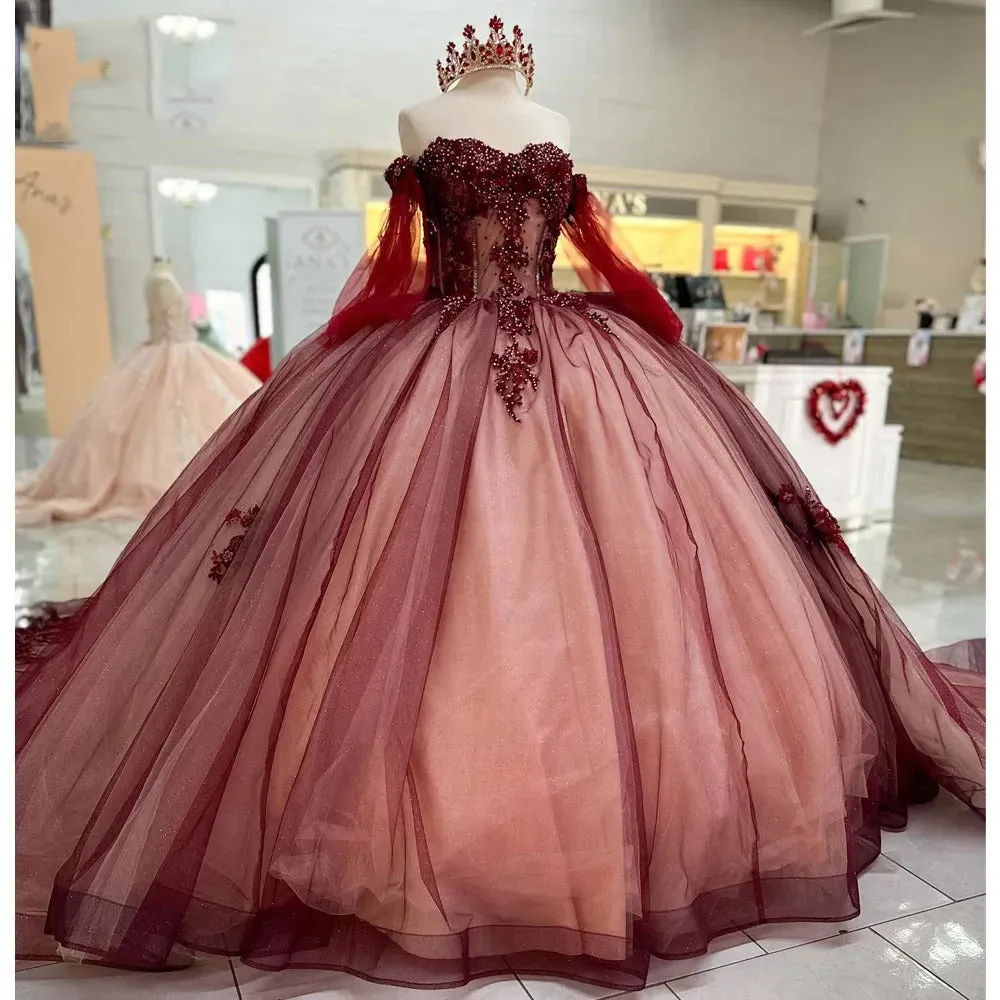 Ball Gown Off Shoulder Long Sleeves Beaded 3D Flower Lace Appliques Burgundy Tulle Princess Birthday Party Gown Quinceanera Dress For Sweet 16