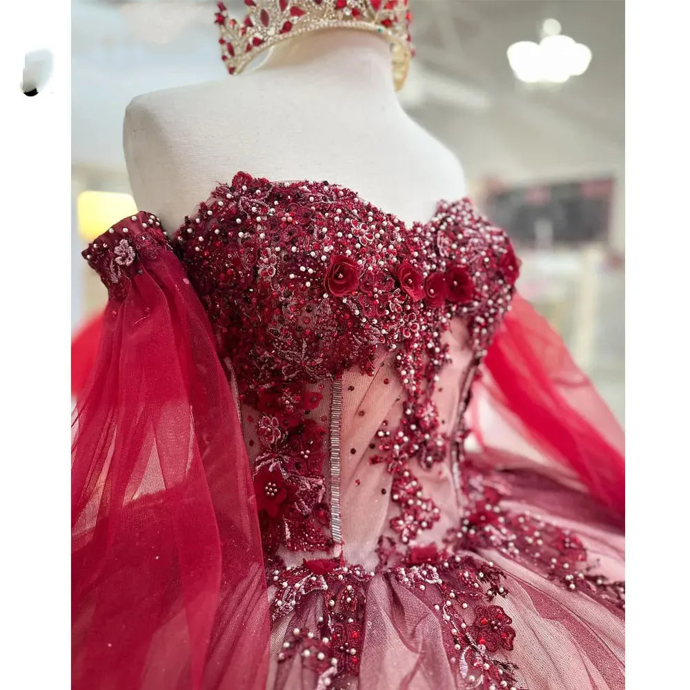 Ball Gown Off Shoulder Long Sleeves Beaded 3D Flower Lace Appliques Burgundy Tulle Princess Birthday Party Gown Quinceanera Dress For Sweet 16