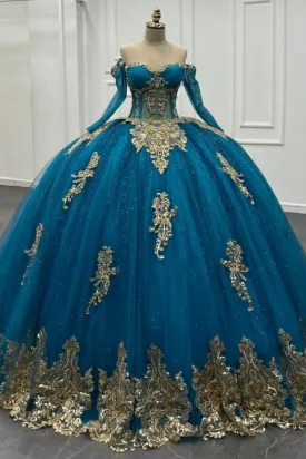 Ball Gown Off Shoulder Long Sleeves Beaded 3D Gold Appliques Lake Blue Tulle Quinceanera Dress Birthday Party Gown For Sweet 16