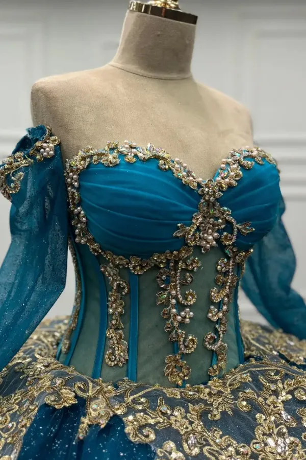 Ball Gown Off Shoulder Long Sleeves Beaded 3D Gold Appliques Lake Blue Tulle Quinceanera Dress Birthday Party Gown For Sweet 16
