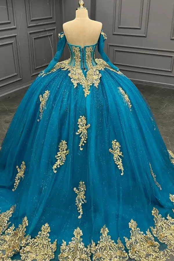 Ball Gown Off Shoulder Long Sleeves Beaded 3D Gold Appliques Lake Blue Tulle Quinceanera Dress Birthday Party Gown For Sweet 16