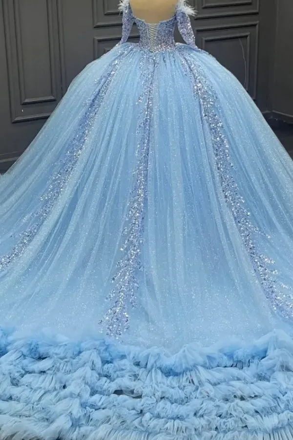 Ball Gown Off Shoulder Long Sleeves Fully Sequins Beaded Feather Ruffles Tiered Lace Up Sparkly Blue Tulle Quinceanera Dress Birthday Party Dress For Sweet 16