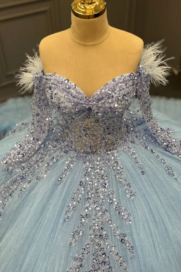Ball Gown Off Shoulder Long Sleeves Fully Sequins Beaded Feather Ruffles Tiered Lace Up Sparkly Blue Tulle Quinceanera Dress Birthday Party Dress For Sweet 16