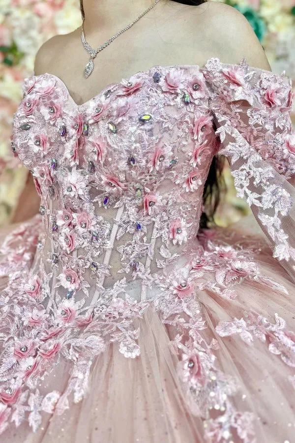 Ball Gown Off Shoulder Sleeveless 3D Flower Appliques Beaded Crystal Ruffles Pink Tulle Quinceanera Dress Formal Evening Dress Brthday Party Gown For Sweet 16