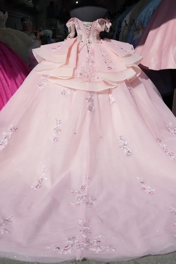 Ball Gown Off Shoulder Sleeveless Beaded Crystal Appliques Pleated Baby Pink Tulle Quinceanera Dress Birthday Party Dress For Sweet 16
