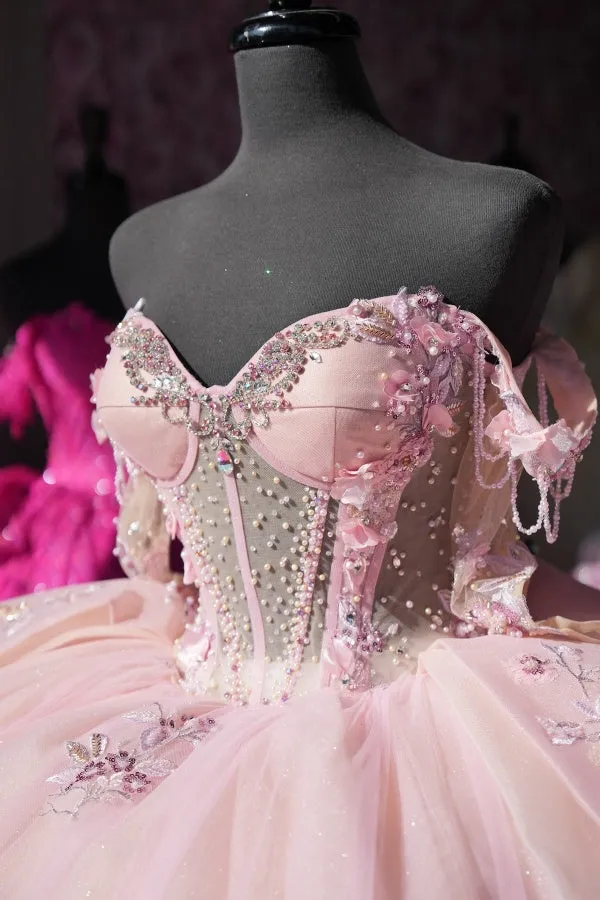 Ball Gown Off Shoulder Sleeveless Beaded Crystal Appliques Pleated Baby Pink Tulle Quinceanera Dress Birthday Party Dress For Sweet 16