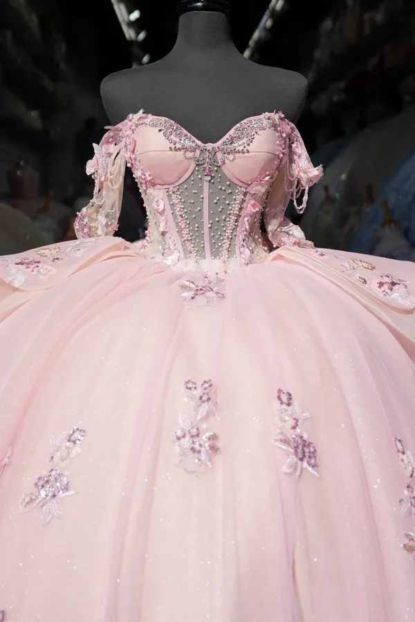 Ball Gown Off Shoulder Sleeveless Beaded Crystal Appliques Pleated Baby Pink Tulle Quinceanera Dress Birthday Party Dress For Sweet 16