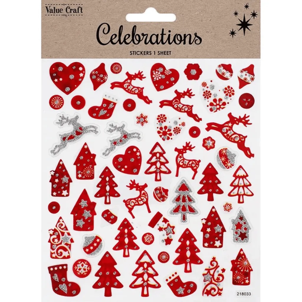 Christmas Glitter Stickers - Traditional Shapes in Red