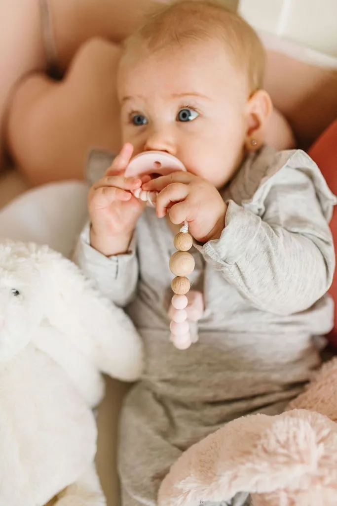 Color Pop Silicone   Wood Pacifier Clip - Pink Quartz by Loulou Lollipop