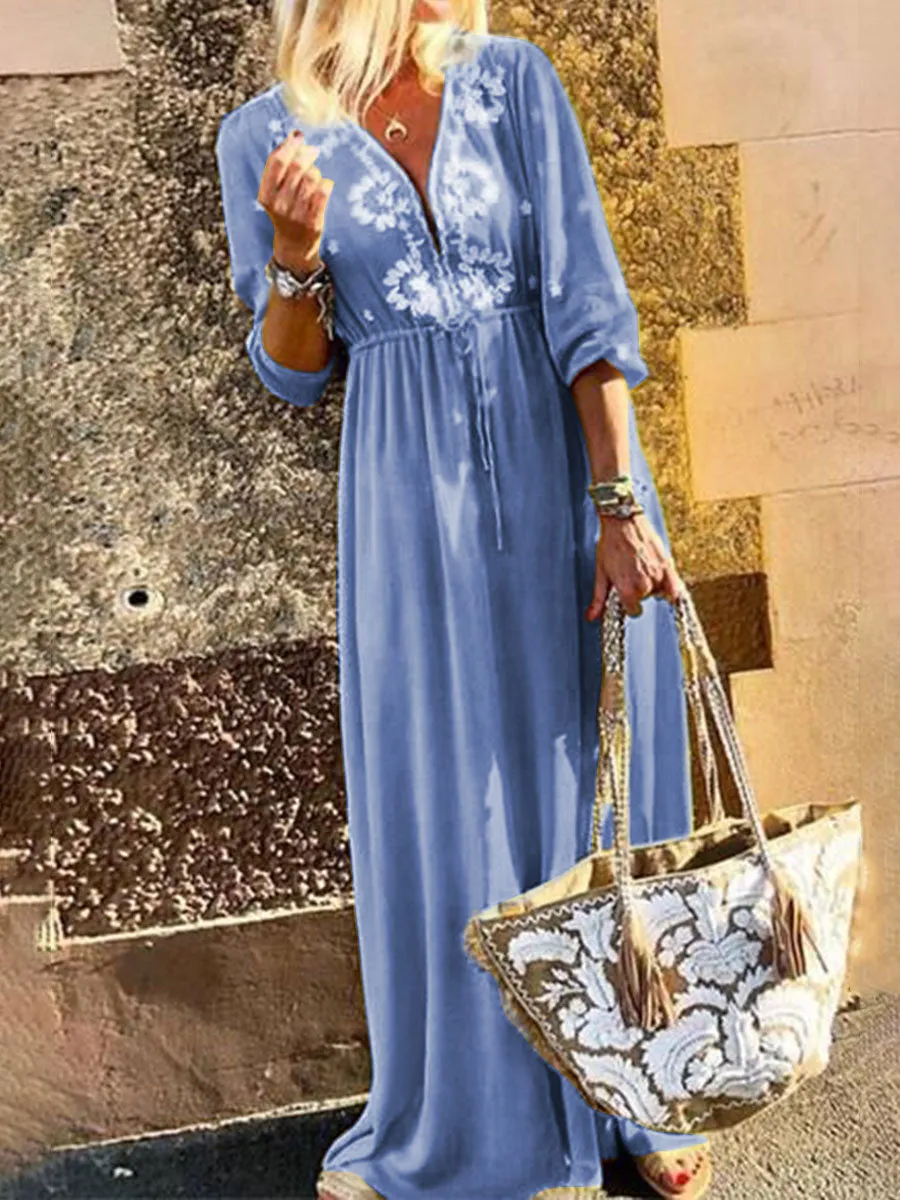 Fashionable Casual V-neck Bohemian Print Dress