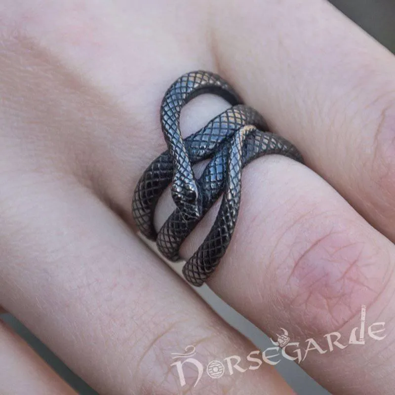 Handcrafted Coiled Jormungandr Ring - Ruthenium Plated Sterling Silver