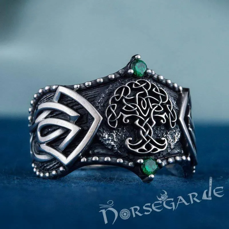 Handcrafted Gemmed Yggdrasil Celtic Ring - Sterling Silver