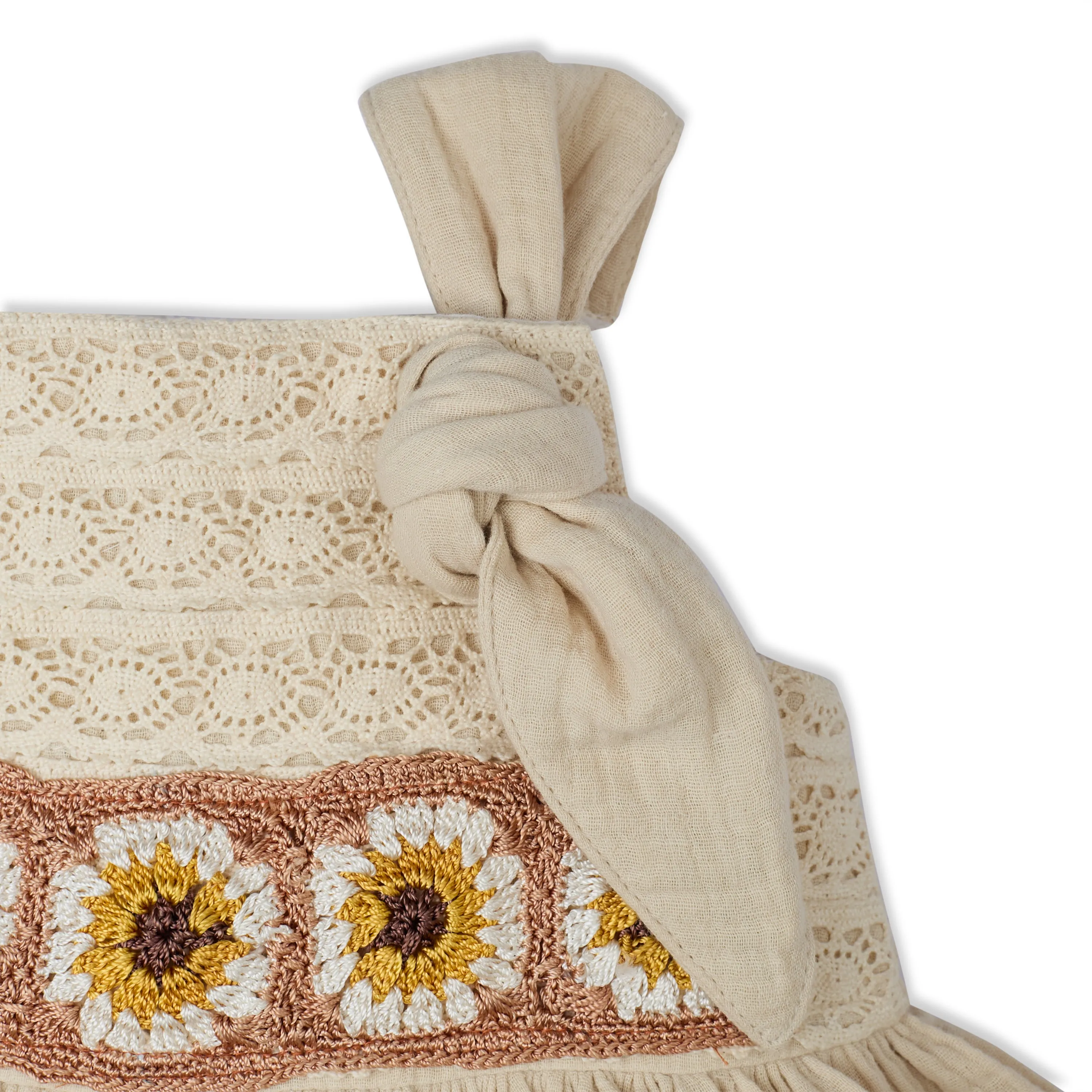 My Milestones Opal Handcrafted Crochet Double Cloth Dress with Knot Details - Beige