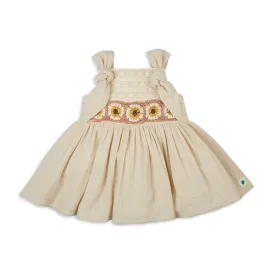 My Milestones Opal Handcrafted Crochet Double Cloth Dress with Knot Details - Beige