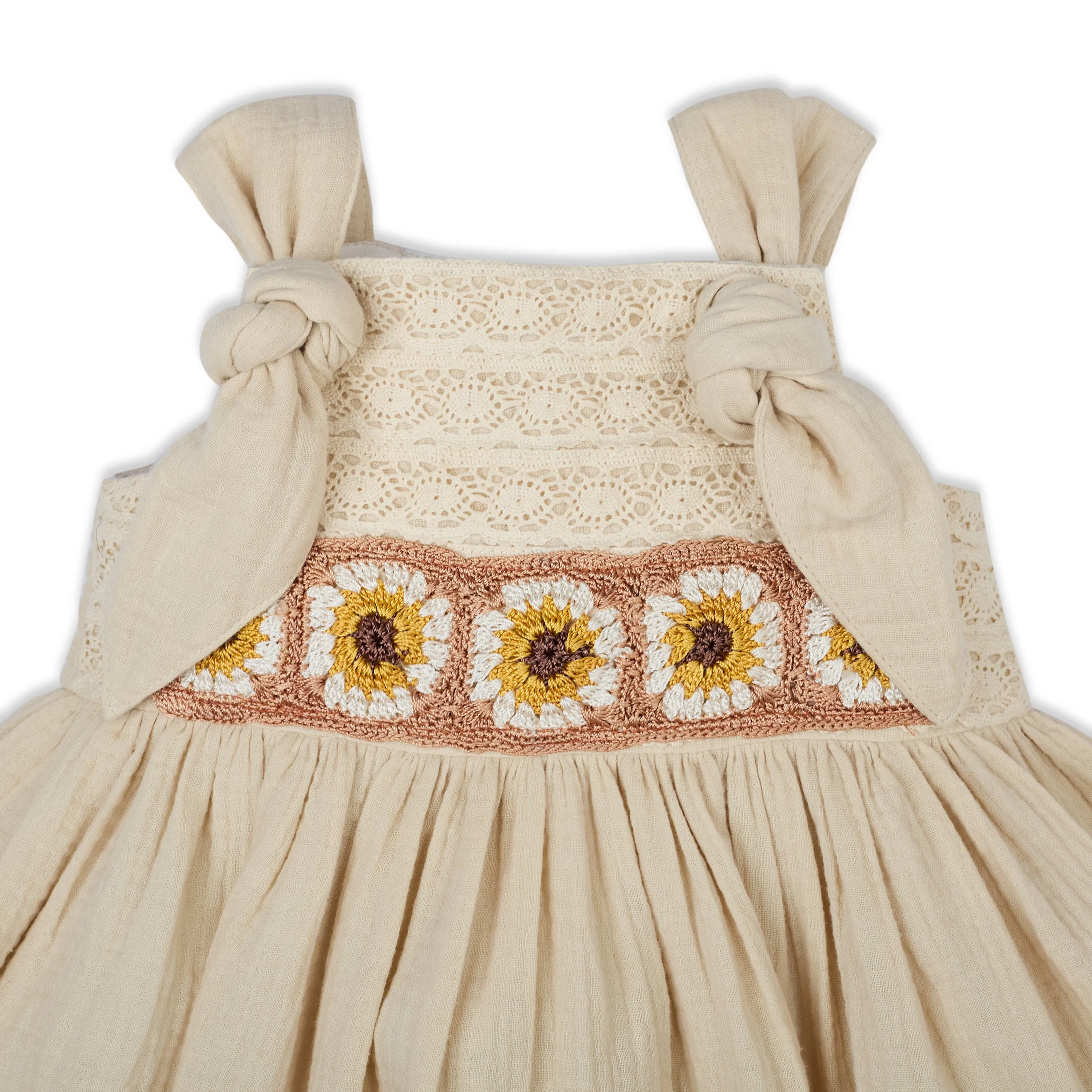My Milestones Opal Handcrafted Crochet Double Cloth Dress with Knot Details - Beige