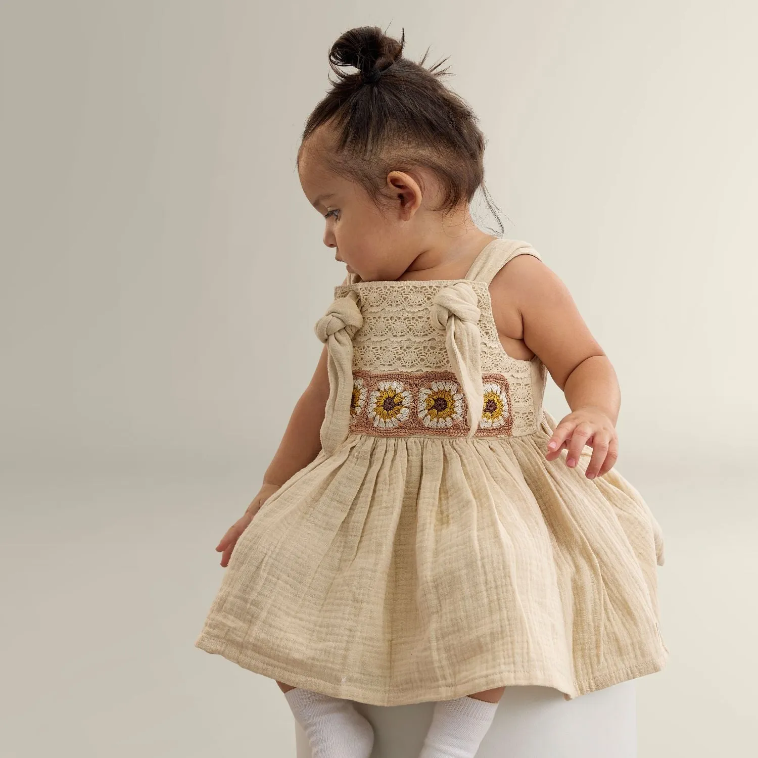 My Milestones Opal Handcrafted Crochet Double Cloth Dress with Knot Details - Beige