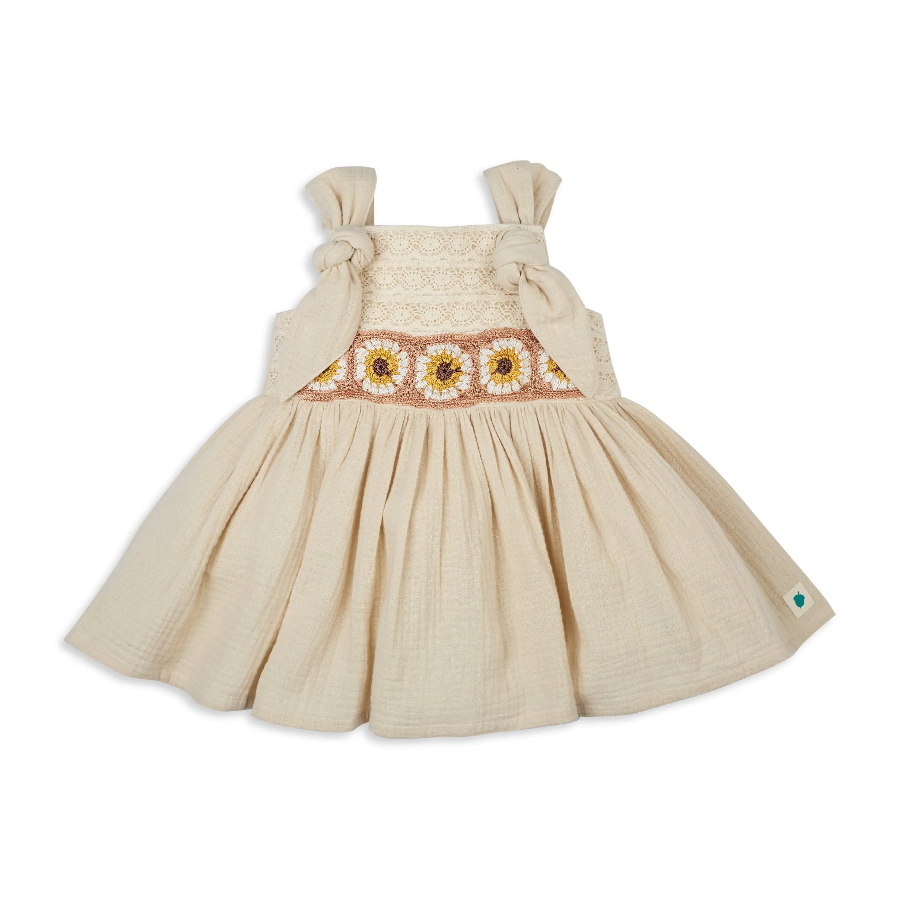 My Milestones Opal Handcrafted Crochet Double Cloth Dress with Knot Details - Beige