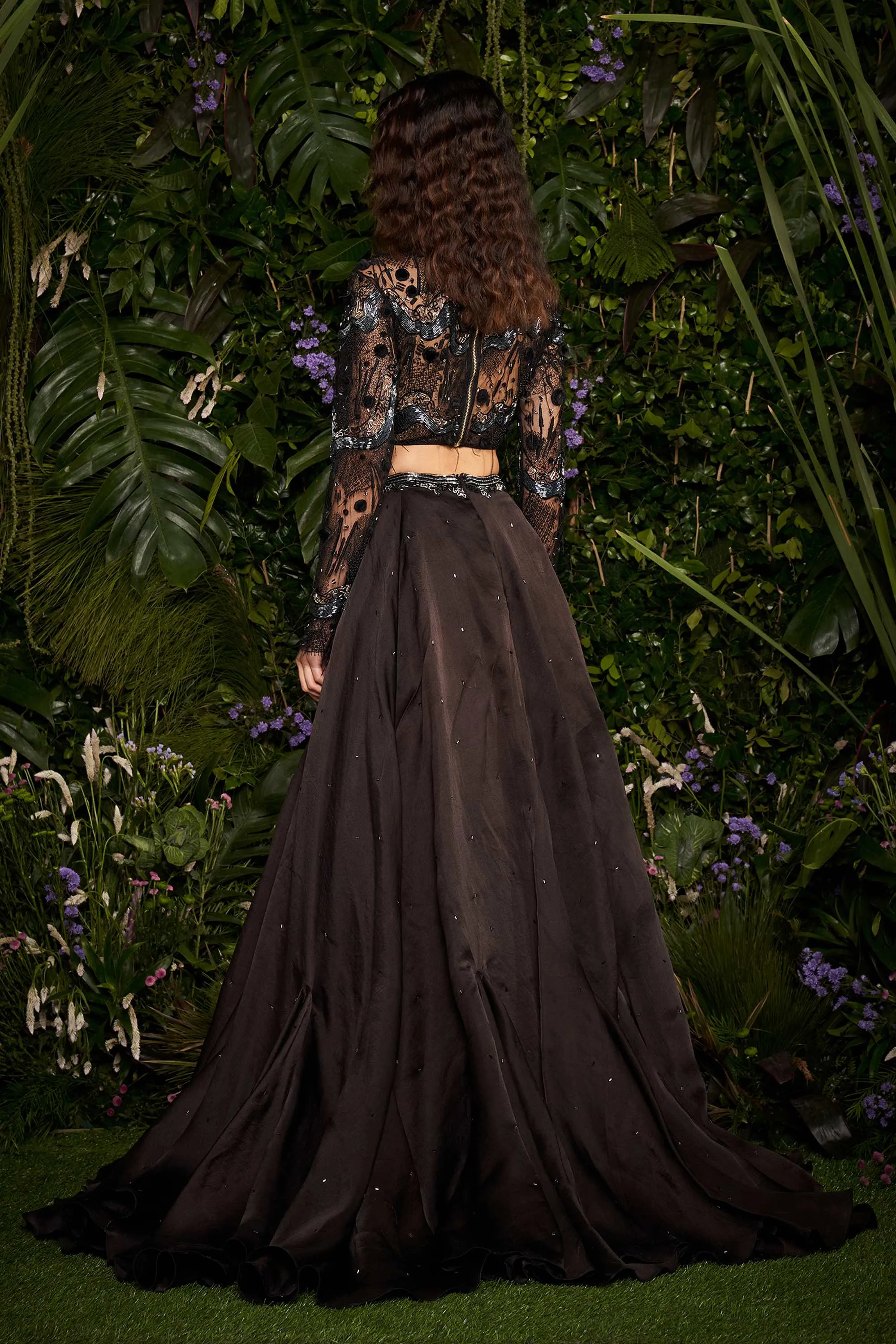 Noir Lattice Serpentine Blouse with Asymmetrical Skirt