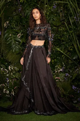 Noir Lattice Serpentine Blouse with Asymmetrical Skirt